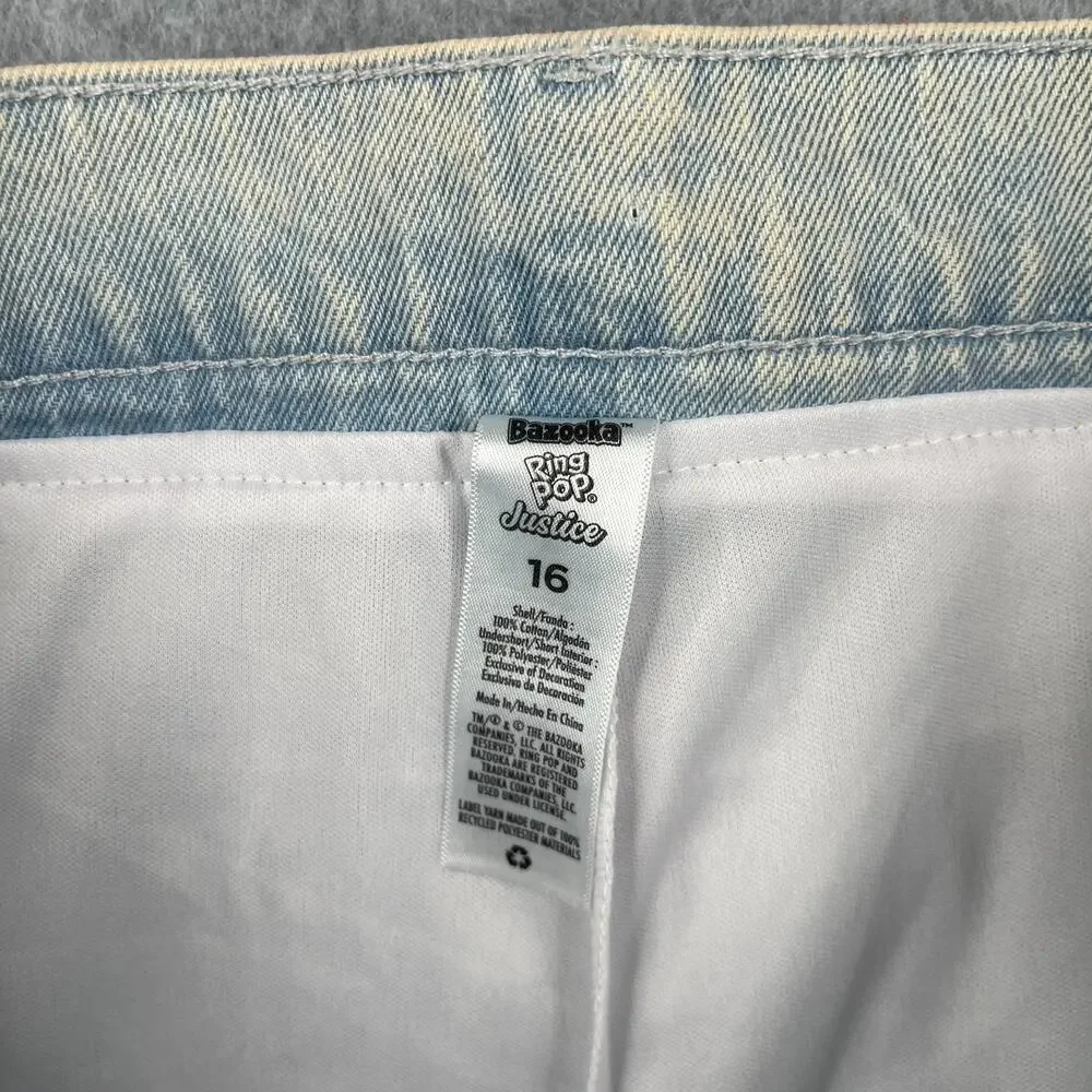 Justice Jean Skirt High Rise Ring Pop Bazooka Gum Colorful Logo Lined Size 16